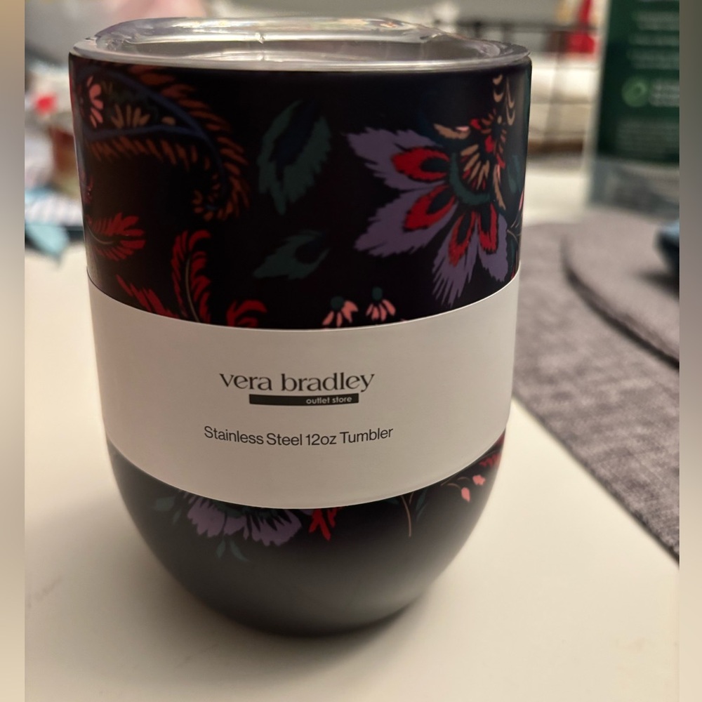 Vera Bradley Black Floral Stainless Steel Tumbler with Purple & Red Accents